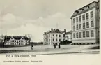 Parti av södra stadsdelen, Växjö, ca 1905-1910. I förgrunden till höger kvarteret Gustaf Adolf med Växjö flickskola, följd av Blindskolan. I bakgrunden Södra Esplanaden med kvarteret Skytten, nr 3.