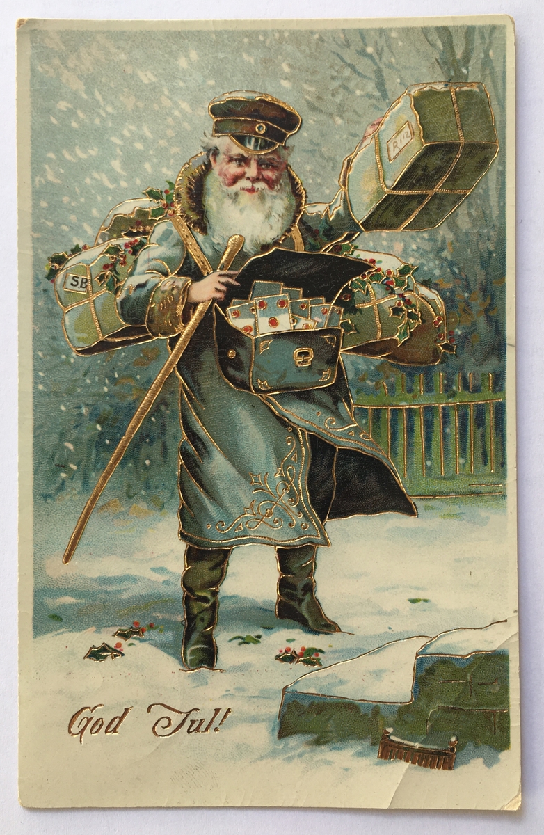 Brevbärare med julpost i snö.