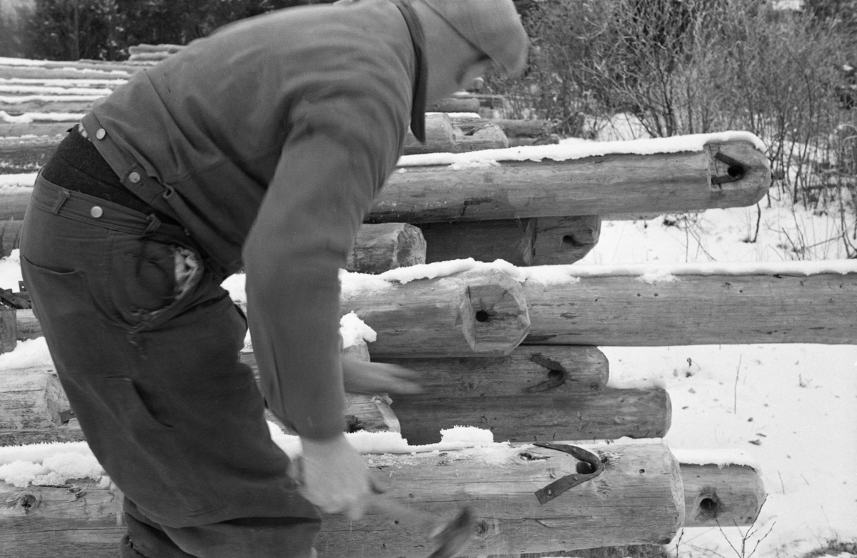 Påsetting av lensebeslag ved Stormo lense, altså ved Juråas utløp i Storsjøen i Nord-Odal før fløtingssesongen i 1955. Fotografiet er tatt ved ei lunne med lensestokk som ble gjenbrukt sesong etter sesong. Stormolensa var et flytende stengsel som skulle samle opp tømmeret som kom flytende fra Juråas nedslagsfelt, Stengselet besto altså av tømmerstokker som skulle lenkes sammen ende mot ende ved hjelp av korte lensekjettinger som ble bundet gjennom hull i stokkendene. For å hindre at veden mellom hullene og stokkendene sprakk, slik at kjettingene løsnet og lesa brast, ble det påspikret V-formete jernbeslag. Mannen som utførte dette arbeidet var kledd i dongerijakke og -bukse, og hadde sixpencelue på hodet.