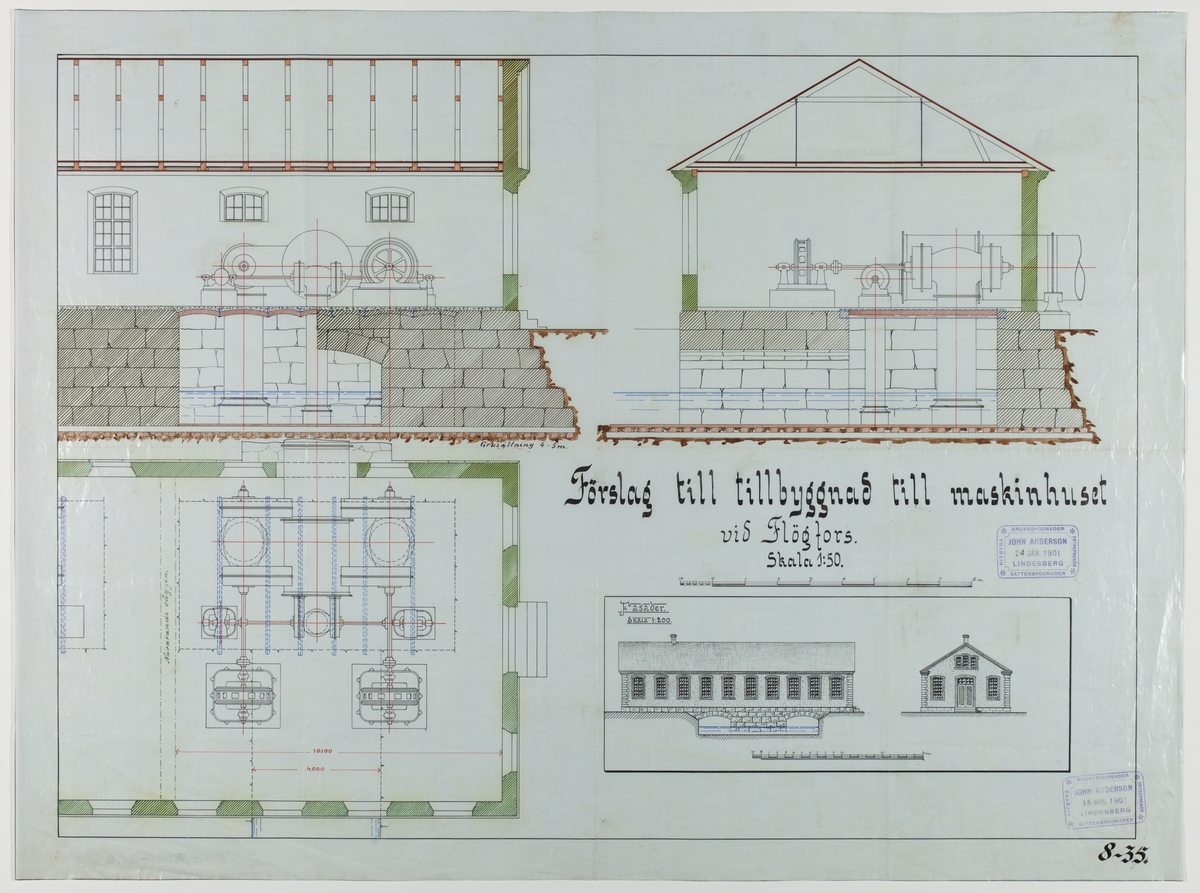 Ritning över förslag till tillbyggnad till maskinhuset vid Flögfors. Skala 1:50.