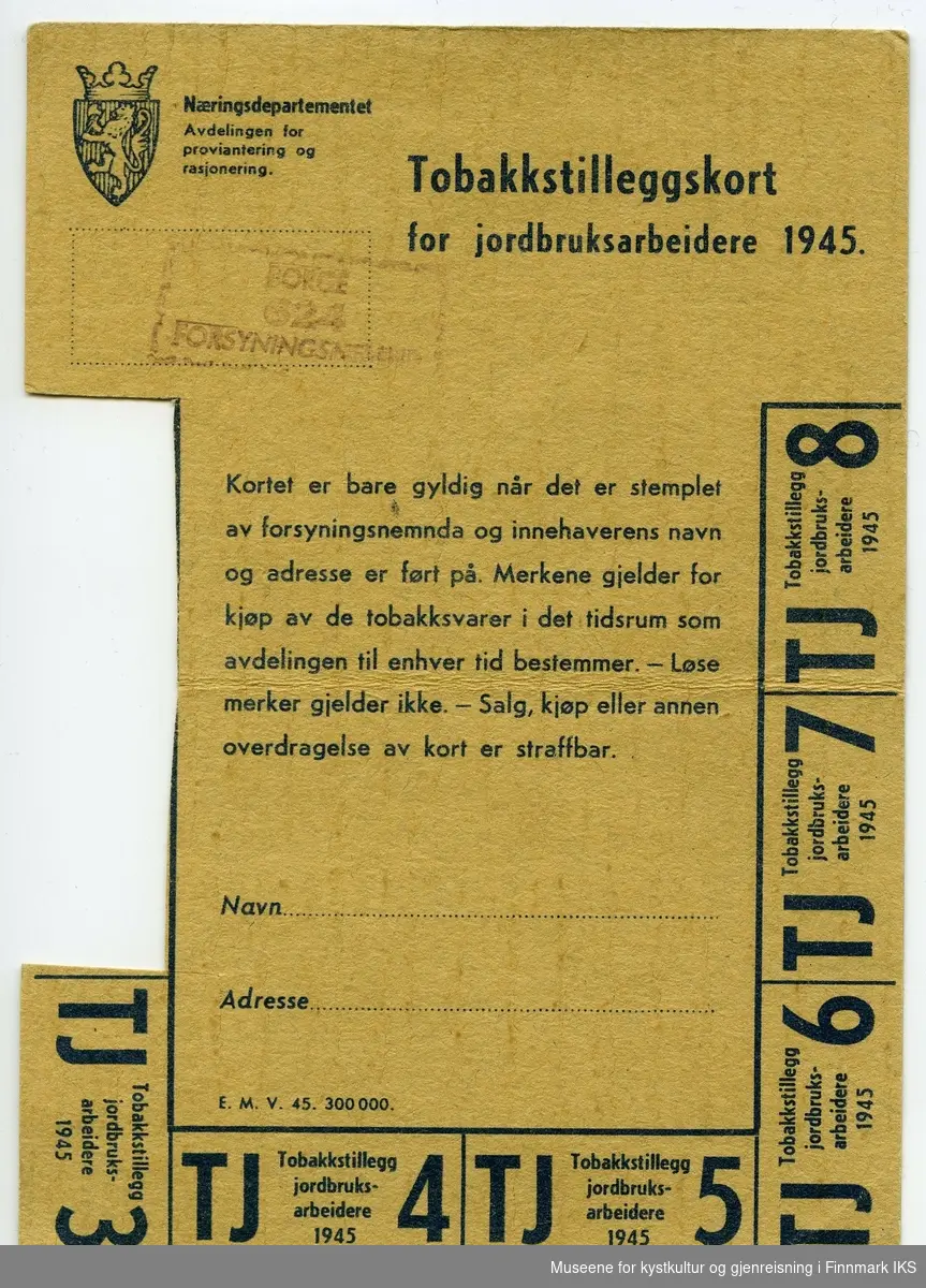 Tobakkstilleggskort for jordbruksarbeidere 1945