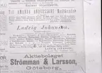 Annonser från en dagstidning, där bl.a. Amanda Johanssons Modehandel; Ludvig Johansson på Kaggensgatan samt Aktiebolaget Strömman & Larsson gör reklam för sina produkter.