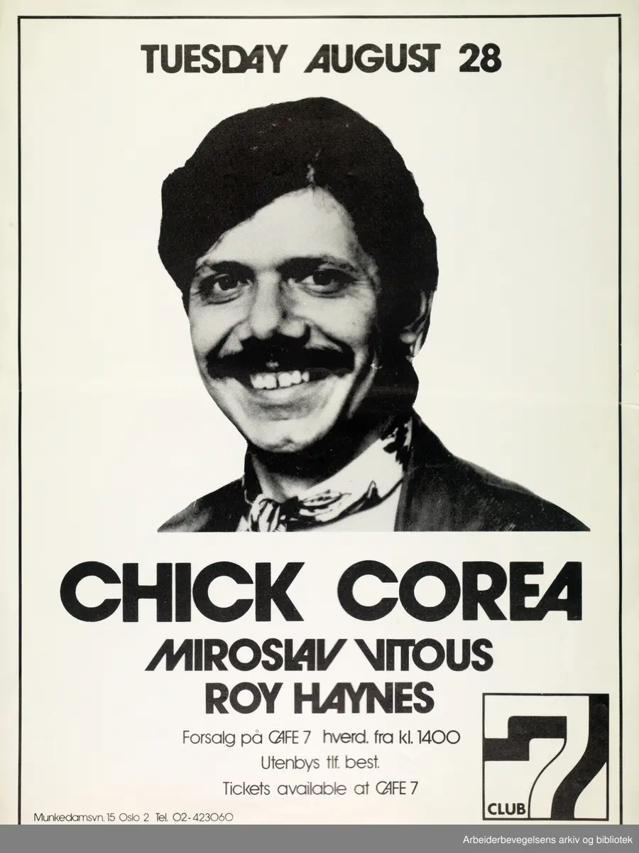 Club 7. Chick Corea, Miroslav Vitous og Roy Haynes..Tirsdag 28. August 1979. Grafisk design: Torstein Nybø.