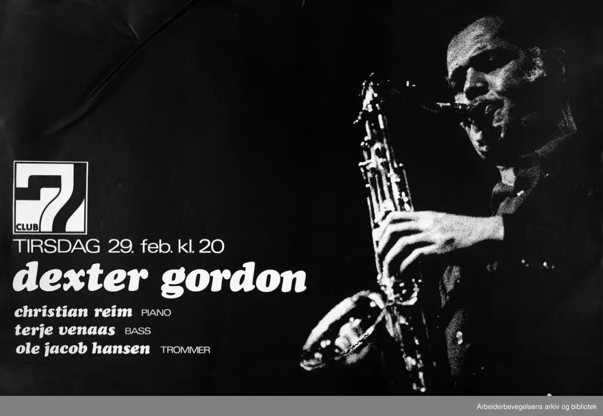 Club 7. Dexter Gordon. Christian Reim, piano. Terje Venaas, bass. Ole Jacob Hansen, trommer. Grafisk design Torstein Nybø..