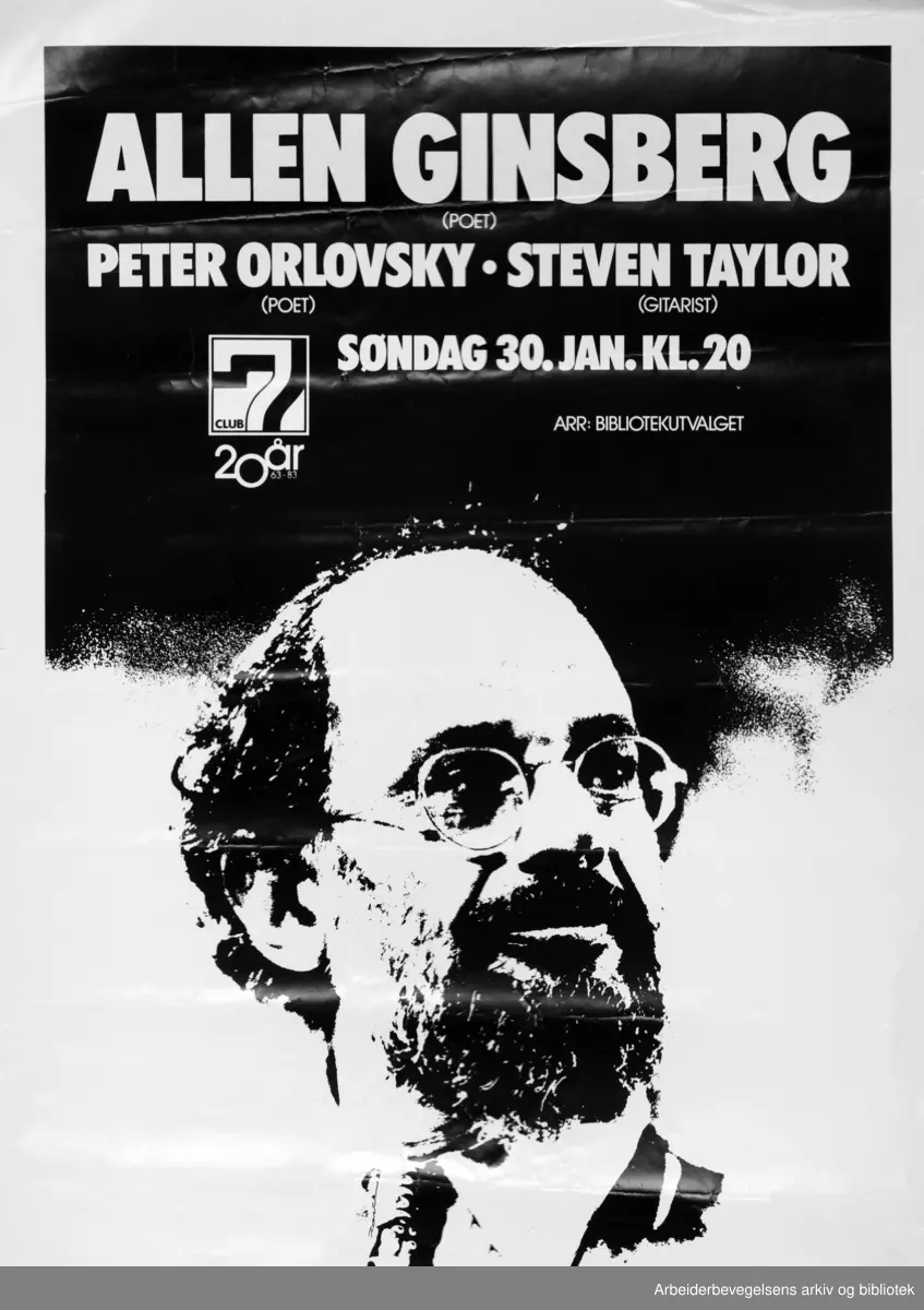 Club 7. Allen Ginsberg. Peter Orlovsky. Steven Taylor. 1983. Grafisk design Torstein Nybø.
