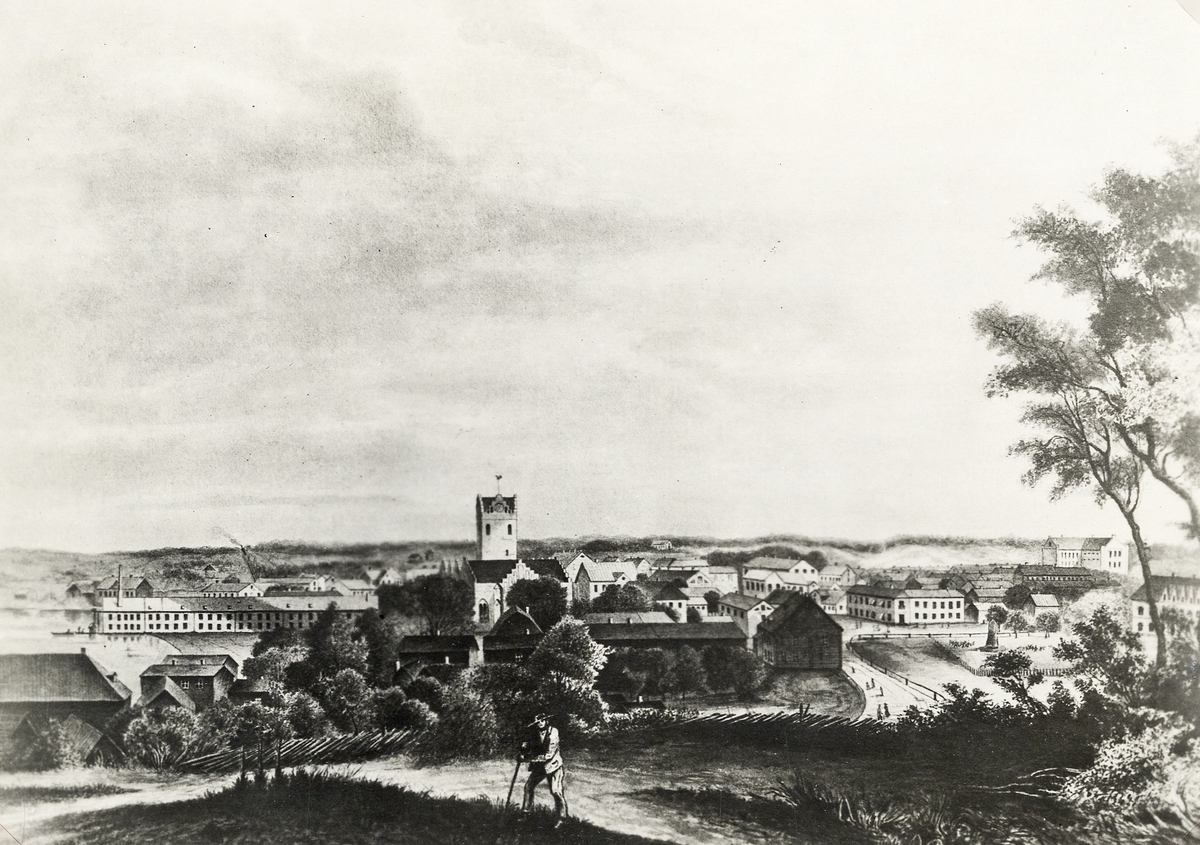 Växjö, vy från öster, ca 1850. Foto efter oljemålning.