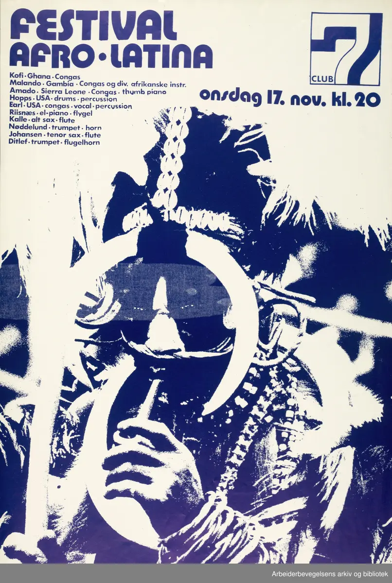 Club 7. Konsertplakat. Festival Afro-latina. Diverse artister. November 1976. Grafisk design: Torstein Nybø
