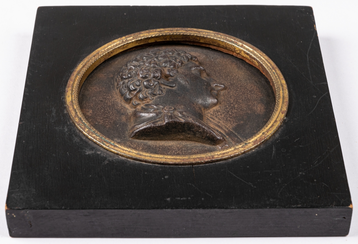 Porträttmedaljong, relief i järn, föreställande Karl XIV Johan, inom svart träram.