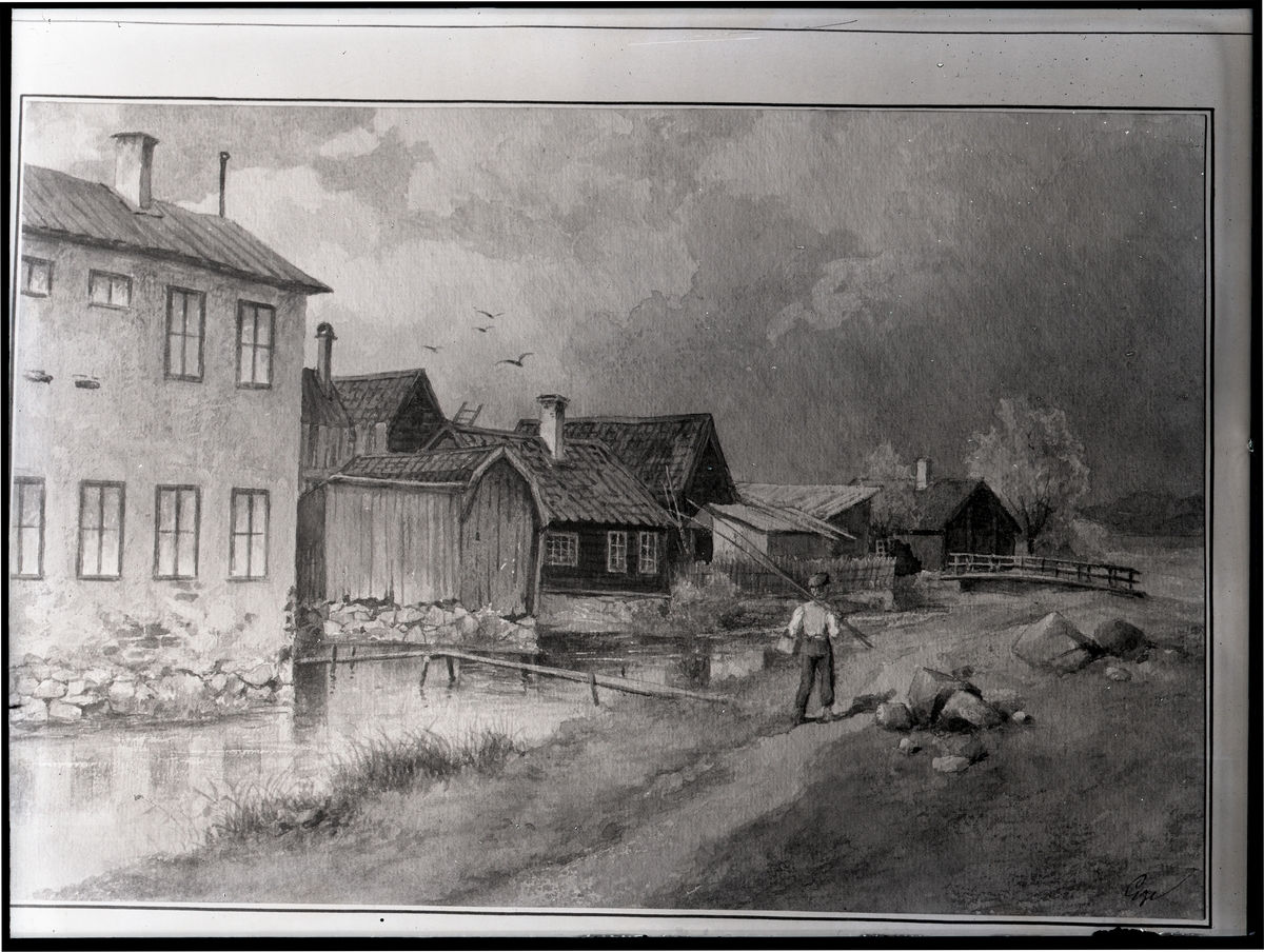Akvarell föreställandes Lillån, Västerås.