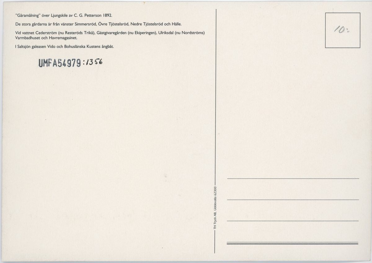 Enligt Bengt Lundins noteringar: "Ljungskile före sekelskiftet". 
Kommentar: "Gåramålning av C.G pettersson 1892".
Text på kortets baksida: " Gåramålning över Ljungskile av C.G. Pettersson 1892. 
De stora gårdarna är från vänster Simmeröd, Övre Tjöstelsesröd, nedre Tjöstelseröd och Hälle. 
Vid vattnet Cederström (nu Resteröds Trikå), Gästgivaregård (nu Ekipering), Ulriksdal (nu Nordströms), Varmbadhuset och Havremagasinet".