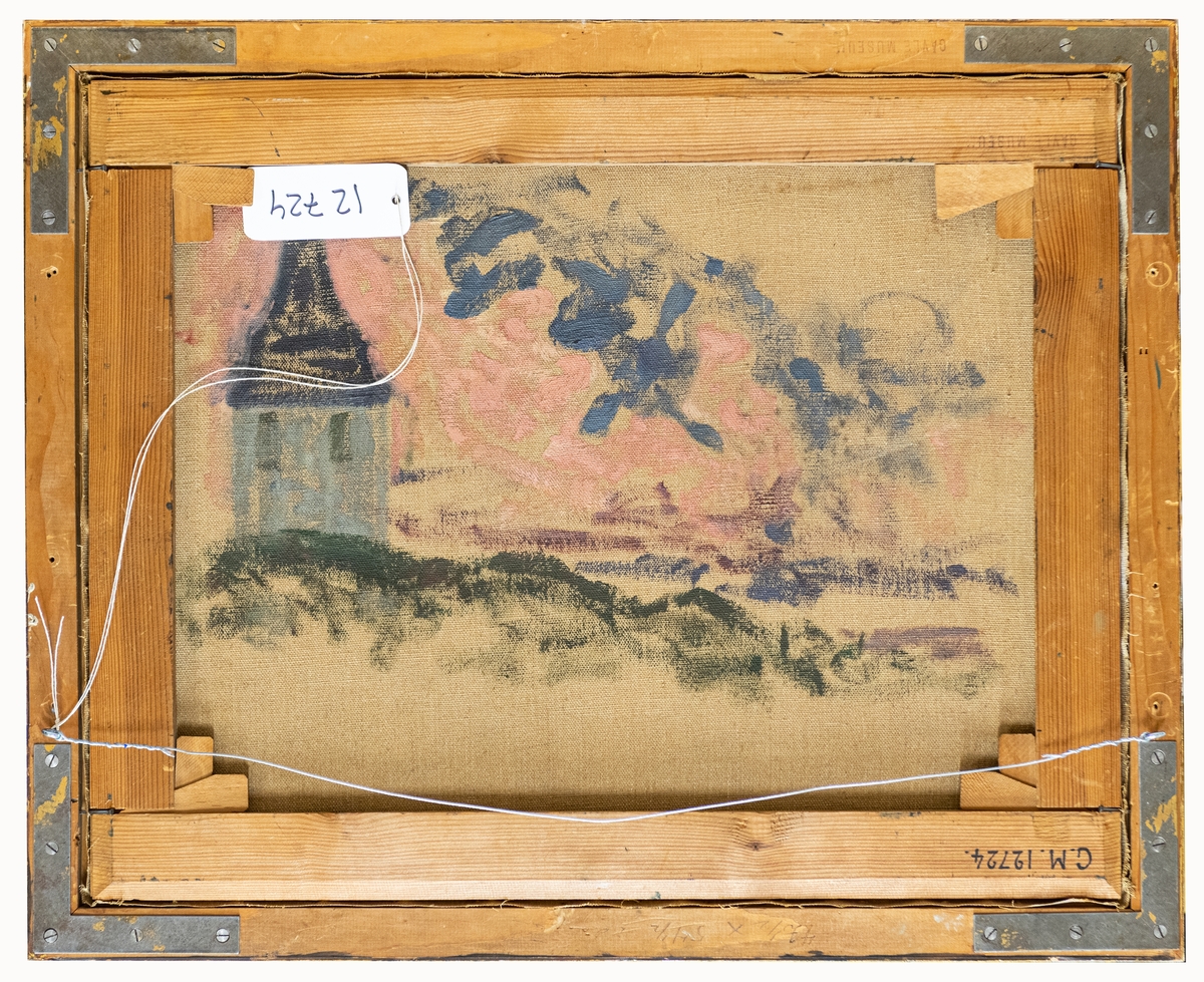 Oljemålning "Laduvägg, Engesberg" av Pelle Swedlund. I förgrunden konstnärens syster Tekla.
Originalram med påmålning av konstnären.