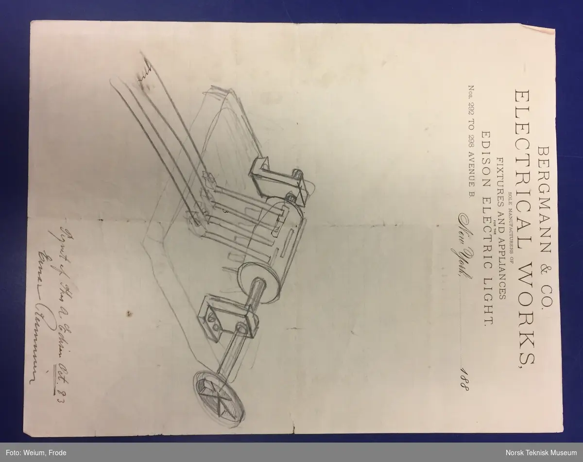 Tegning av strømvender eller lignende, på brevpapir fra Bergmann & Co. Electircal Works. Datert gjennom Rasmussens påskrift