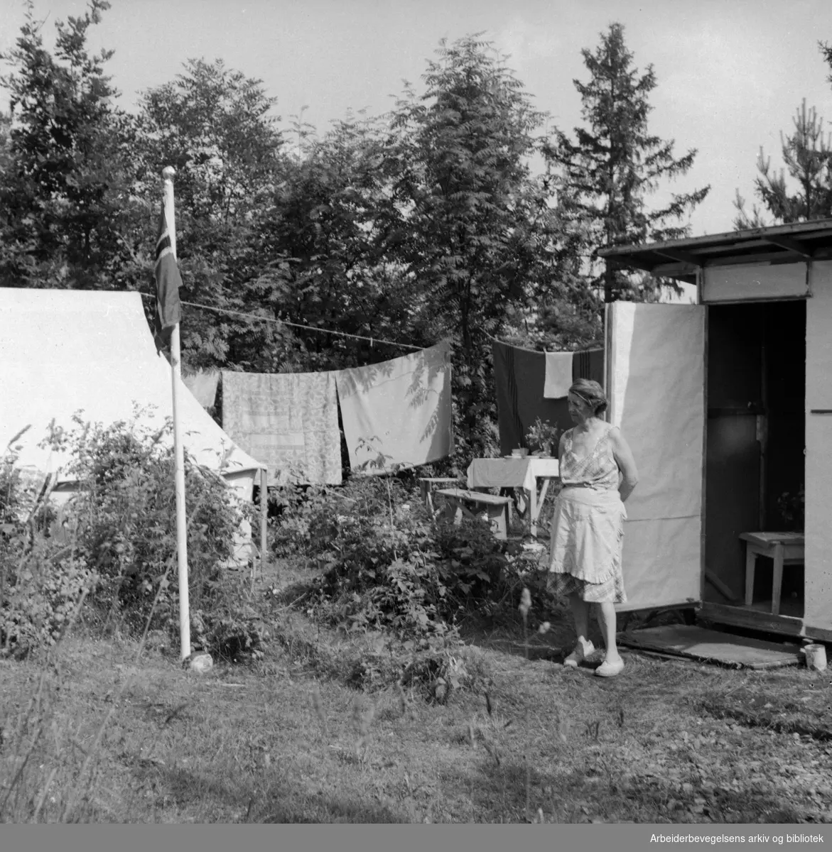 Mange tilbringer sommerferien på Langåra i telt og provisoriske hytter laget av papp. Juli 1958