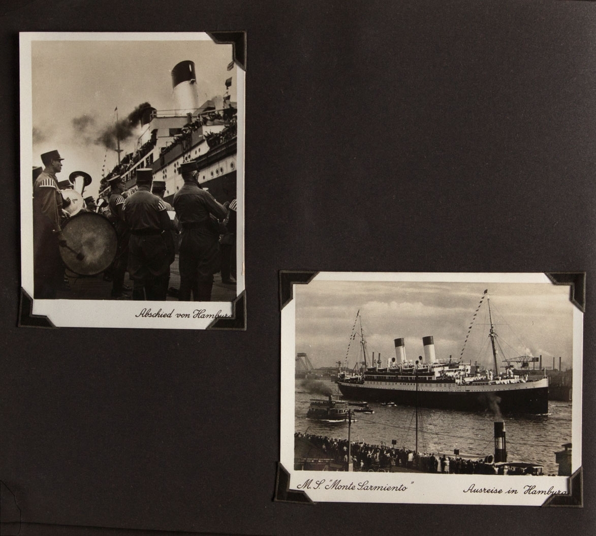 Albumside med to foto, MONTE SARMIENTO avreise fra Hamburg.