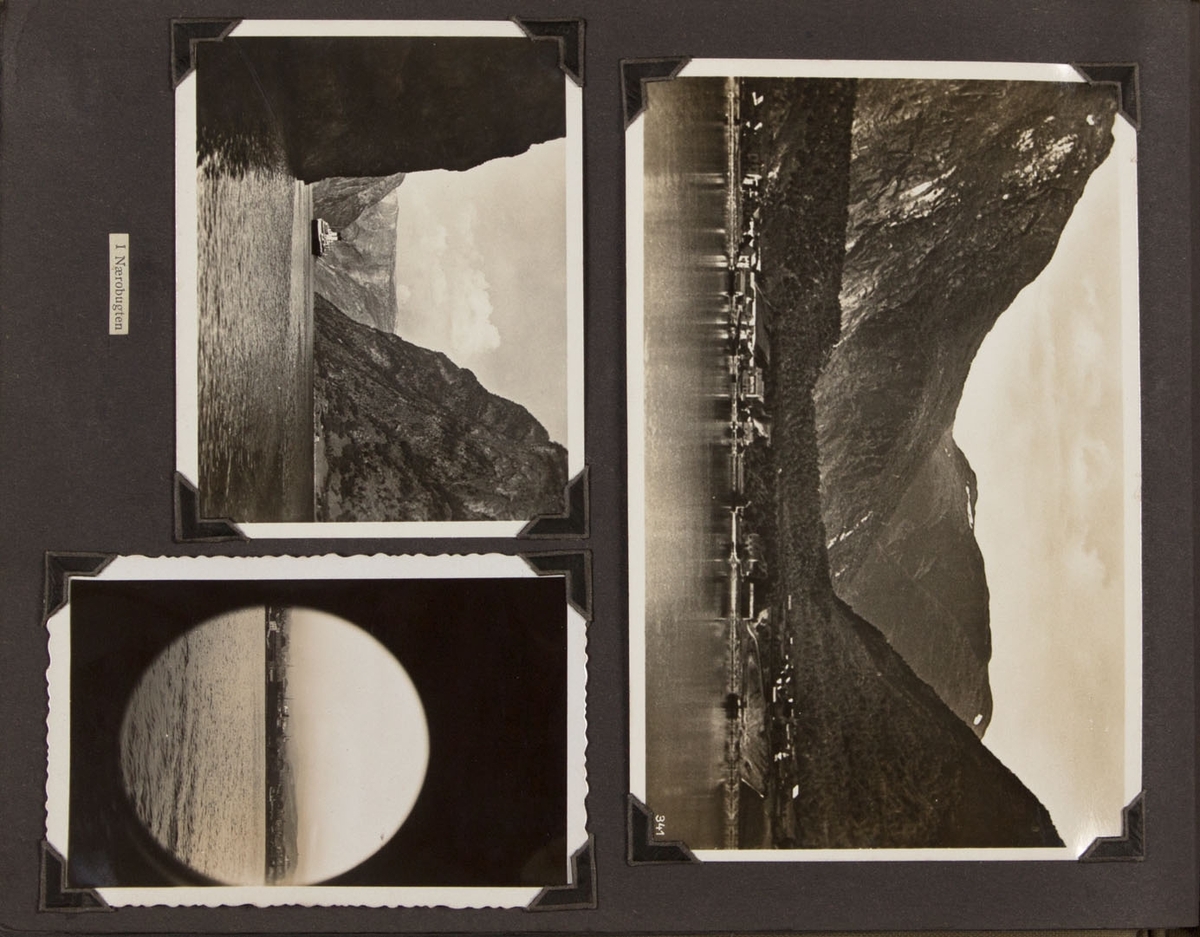 Albumside med tre foto, tatt fra MONTE SARMIENTO. Utsikten viser Nærøyfjorden og fjordbotn.
