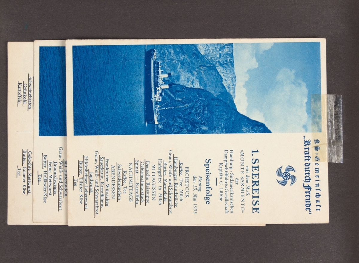 Albumside med tre menykort for MONTE SARMIENTOs tur til Norge, mai 1935.