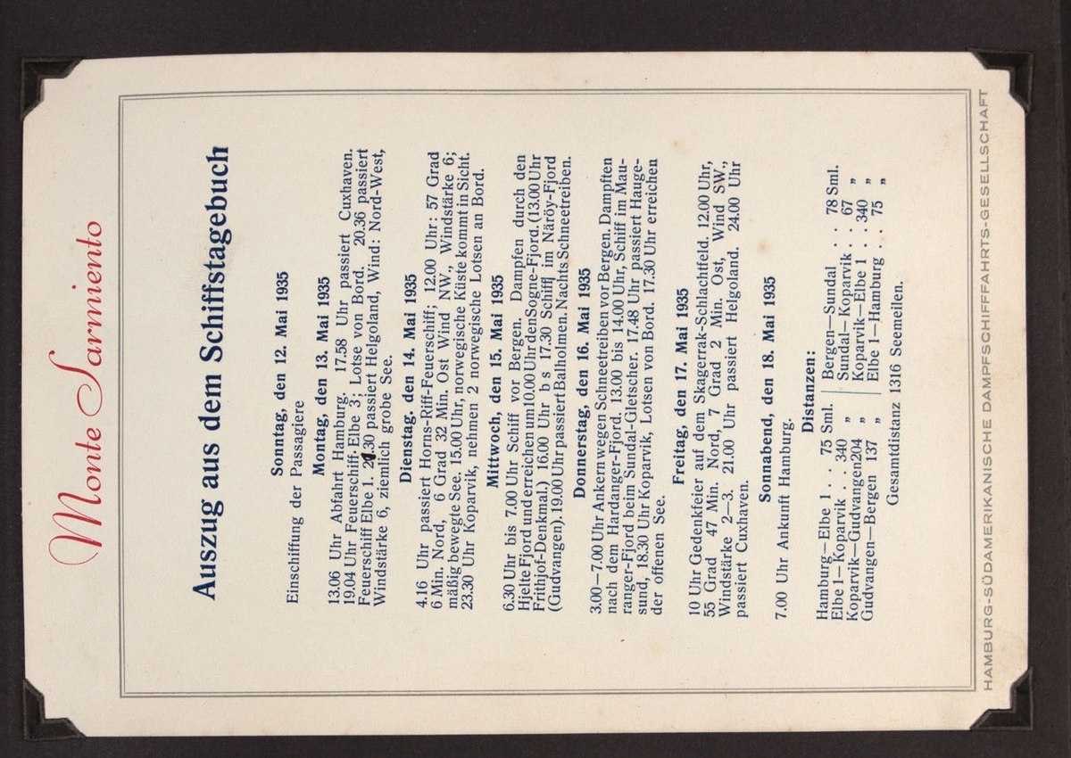 Albumside med trykt skipsdagbok for MONTE SARMIENTOs tur til Norge, mai 1935.