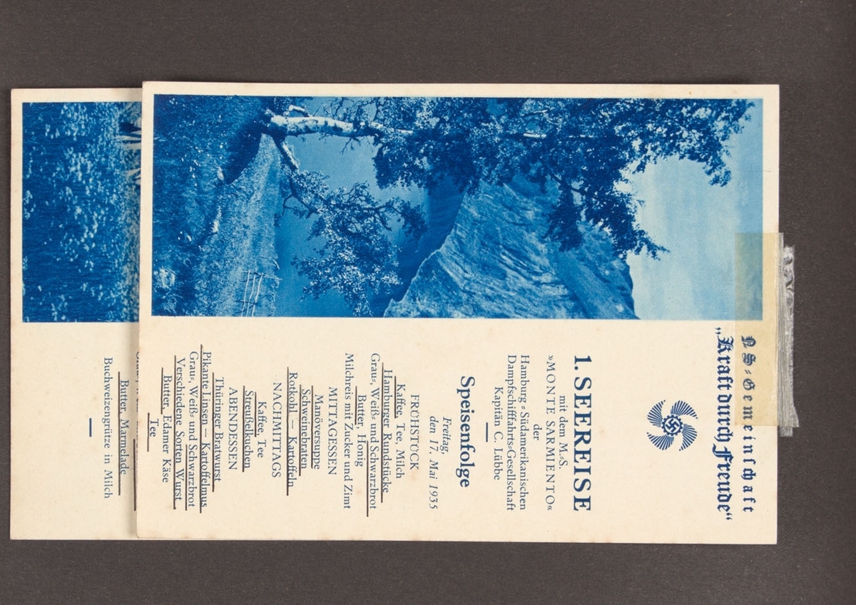 Albumside med to menykort for MONTE SARMIENTOs tur til Norge, 17. og 18.mai 1935.