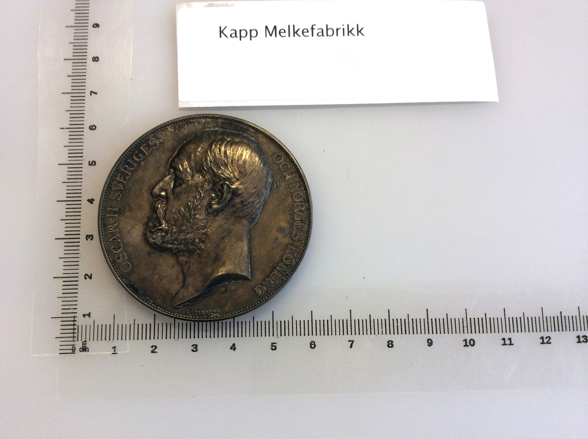 Etui med gråfarget mynt avbildet med Oscar II Norges konge på en side og en karakter fra gresk eller romersk mytologi på andre siden.