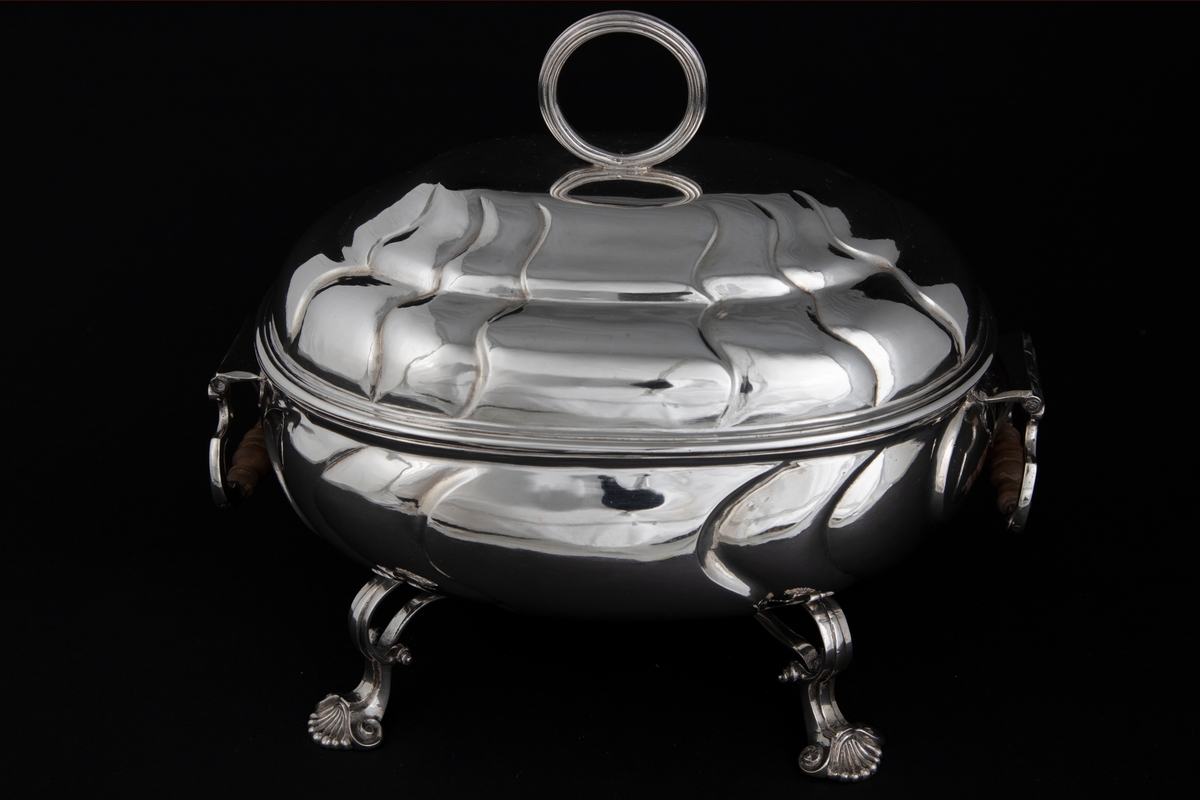 Terrin med lokk i sølv. Den har oval form og står på fire svungne bein som nederst slutter i et muslingmotiv. Korpus og det hvelvede lokket er dekorert med sveifede knekk. På hver kortside er hengslet håndtak med tre-grep. På lokket er det et ringformet grep.