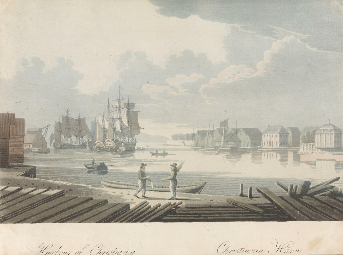 Trykk som viser Christiania havn med plankestabler og seilskip.