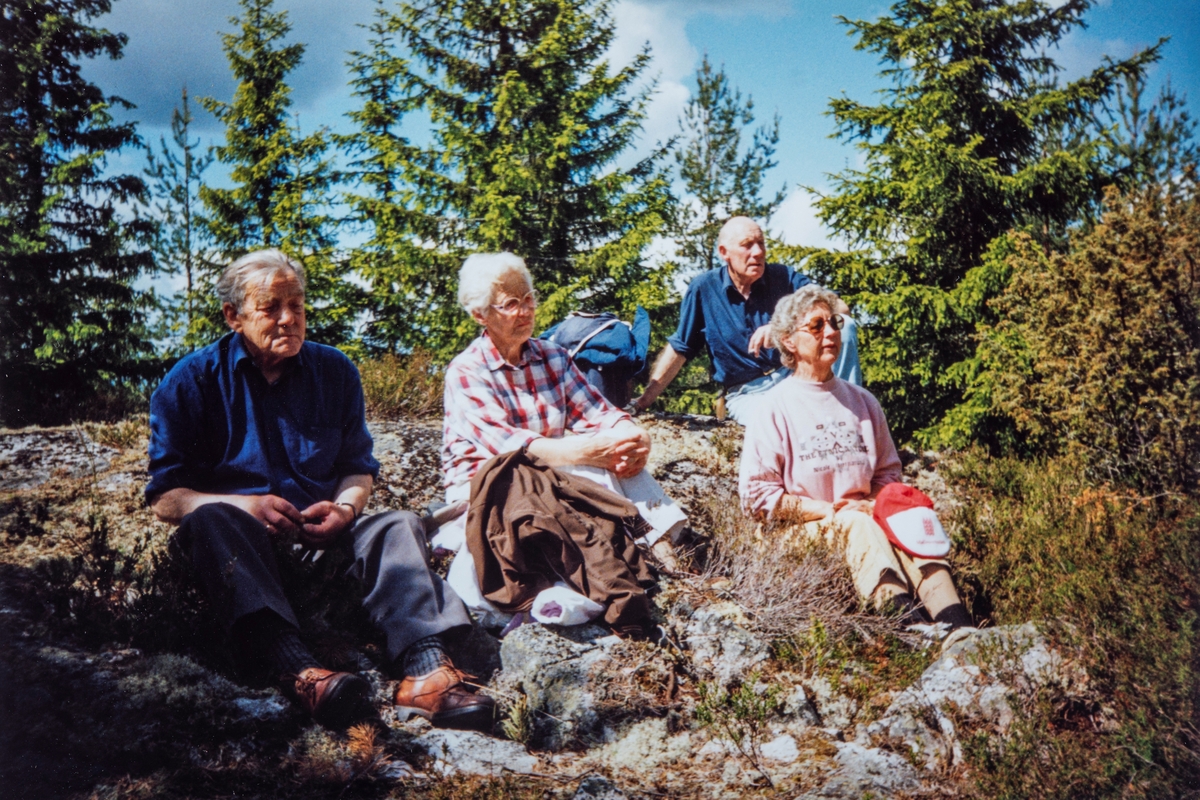 Fra venstre Per Odvar Mæhlum, Ingrid Mæhlum, Eva Frydenlund, bakerst Arne Frydenlund. På bærsanking / bærtur i Romedal almenning, ca 2000.