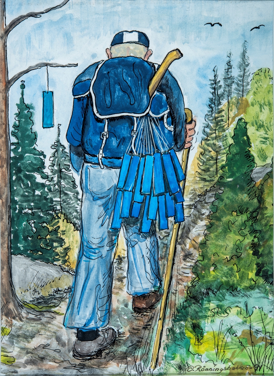 Akvarell av Arne Frydenlund, malt av Oddmund Rønningsbakken i 1991. Motivet viser Arne i et kjent positur, ute å merker stiene i Vallset kulturstier med blå merker.
