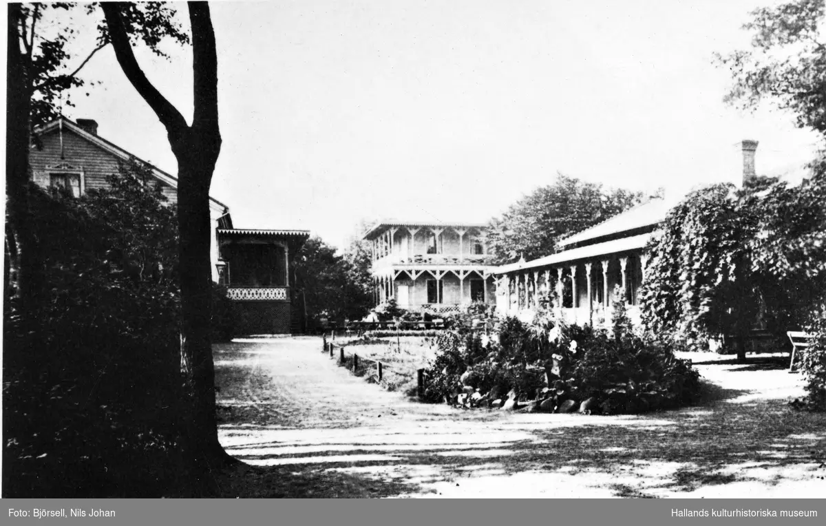Restaurang Pehrssonska trädgården. Det var Börje Pehrsson som 1865 köpte lasarettsläkare Jakob Strömquists då tämligen nybyggda villa och öppnade där ett sommarvärdshus, då benämnt "Börje Pehrssons". Detta blev mycket populärt både bland stadens folk och tillresta kurortsgäster. Bilden är tagen från nuvarande Södra Hamnvägen, huset i fonden är en paviljong kallad "Baden-Baden". Strax framför skymtar musikpaviljongen med spira på taket uppförd 1879. Huset t v  är restaurangbyggnaden längs med Västra Vallgatan, med veranda åt väster. Huset t h är danspaviljongen byggd 1882. Bildens beteckning är "Personska trädgården".