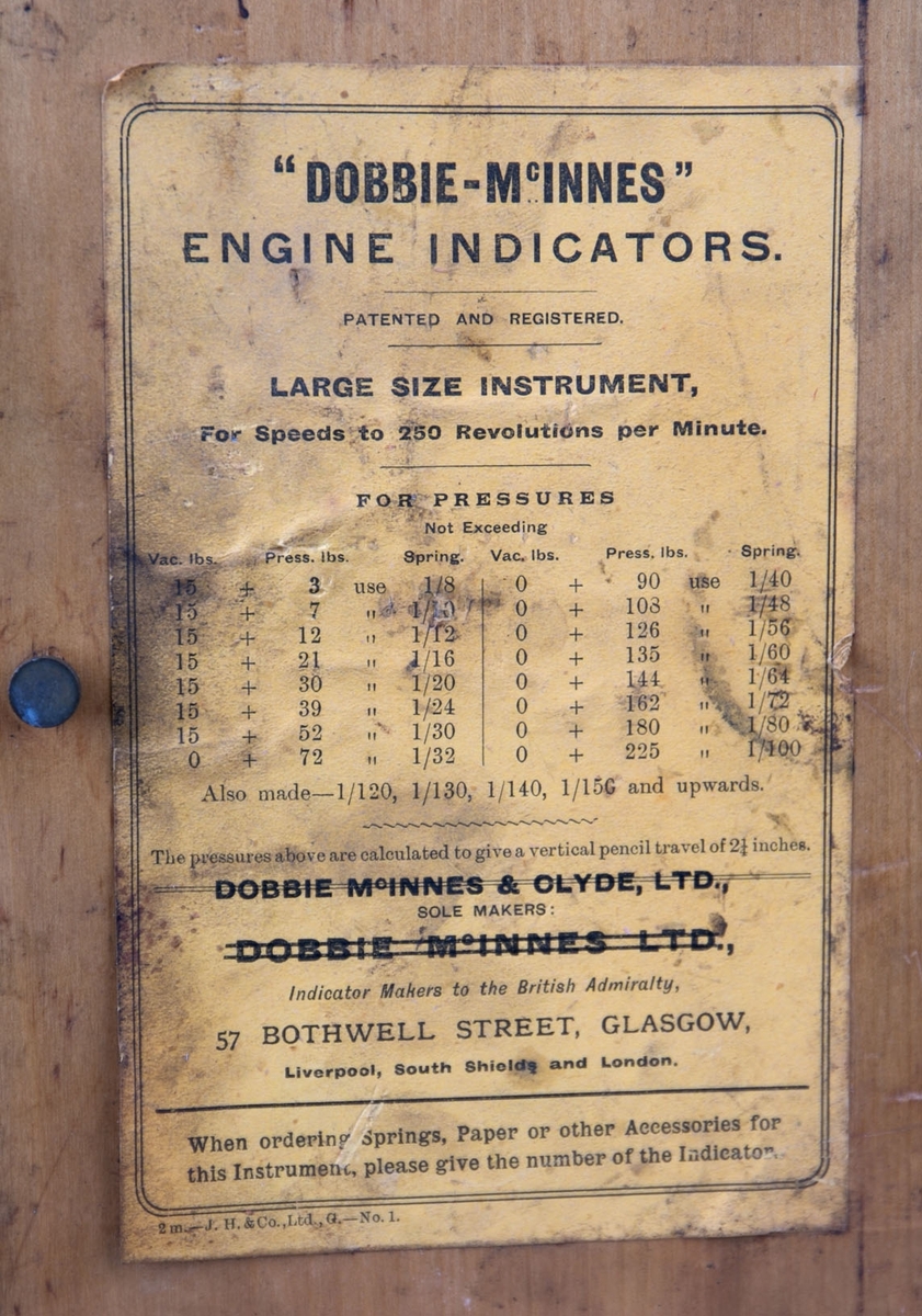 Maskinindikator.  Indikatoren er festet til ene kortsiden av trekasse og vippes ut ved bruk. Kassen har lokk med hengsler, innvendig hengslet plate til romavdeler og oppbevaringsfester for løse deler. 