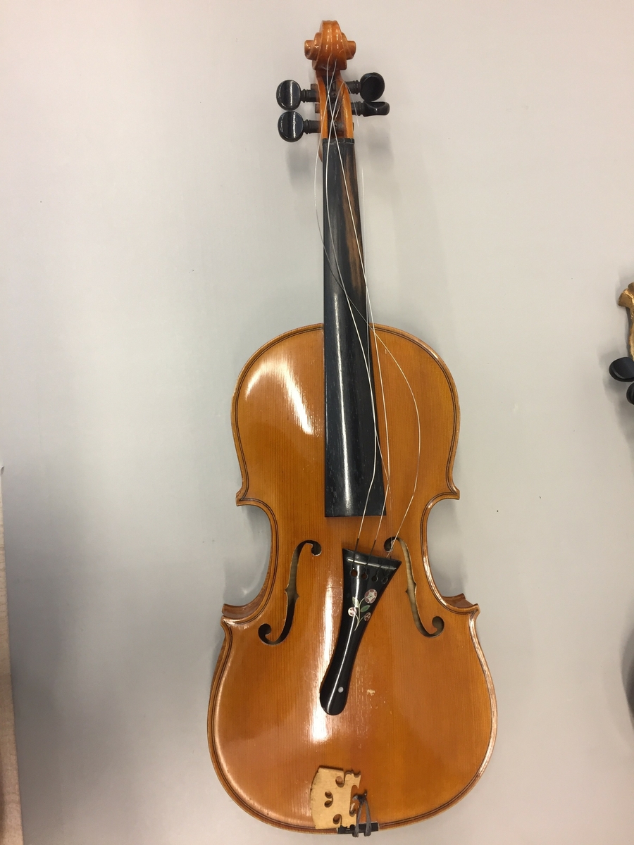 Fiolin med ein rosa blomst til dekor på bakre bru. Inni fela er det lapp med" Guldmedalje i Prorsgrund 1946 Aasmund. Ø .Hovden Telemark reparert 1935". Fiolinen ligg i eit brunt treskrin. Ein liten nøkkel er knytt fast til skrinet.