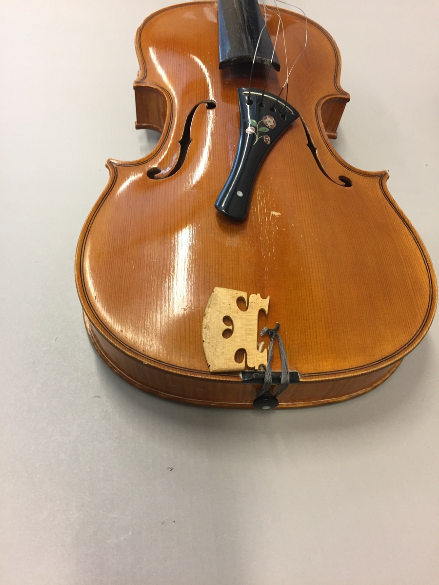 Fiolin med ein rosa blomst til dekor på bakre bru. Inni fela er det lapp med" Guldmedalje i Prorsgrund 1946 Aasmund. Ø .Hovden Telemark reparert 1935". Fiolinen ligg i eit brunt treskrin. Ein liten nøkkel er knytt fast til skrinet.