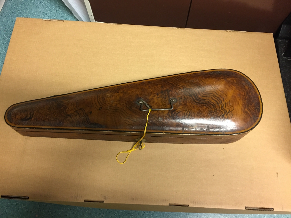 Fiolin med ein rosa blomst til dekor på bakre bru. Inni fela er det lapp med" Guldmedalje i Prorsgrund 1946 Aasmund. Ø .Hovden Telemark reparert 1935". Fiolinen ligg i eit brunt treskrin. Ein liten nøkkel er knytt fast til skrinet.