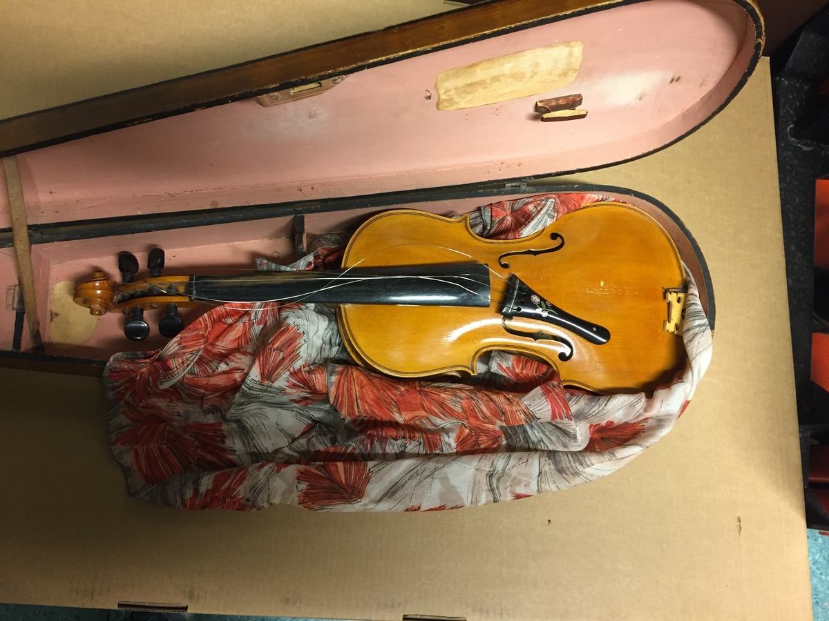 Fiolin med ein rosa blomst til dekor på bakre bru. Inni fela er det lapp med" Guldmedalje i Prorsgrund 1946 Aasmund. Ø .Hovden Telemark reparert 1935". Fiolinen ligg i eit brunt treskrin. Ein liten nøkkel er knytt fast til skrinet.