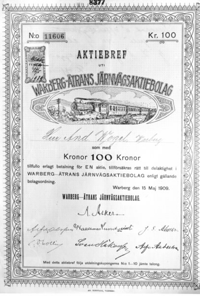 Aktiebrev á 100 kr i Varberg-Ätrans Järnvägsaktiebolag år 1909. Sträckan stod klar 1911. Arkivhandling, se VMA 8377.