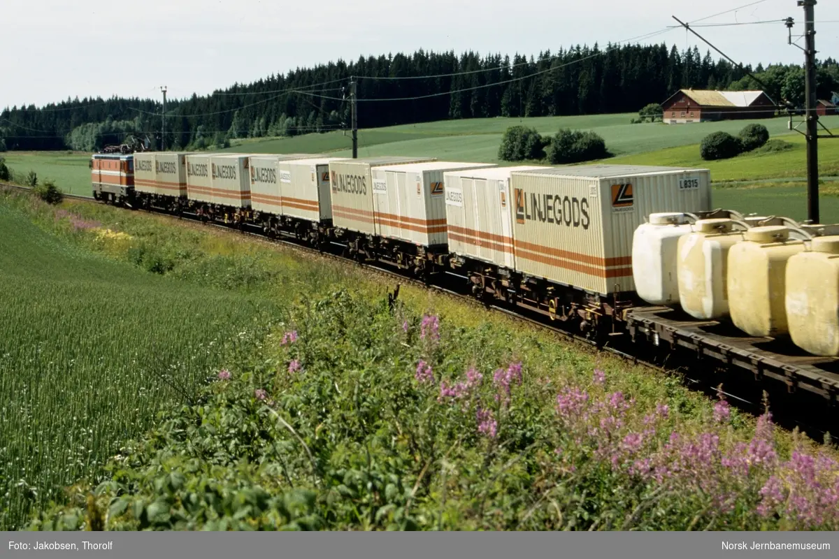 Svensk elektrisk lokomotiv Rc 4 med godstog retning Kornsjø ved ca. km 29 syd for Holstad stasjon på Østfoldbanen