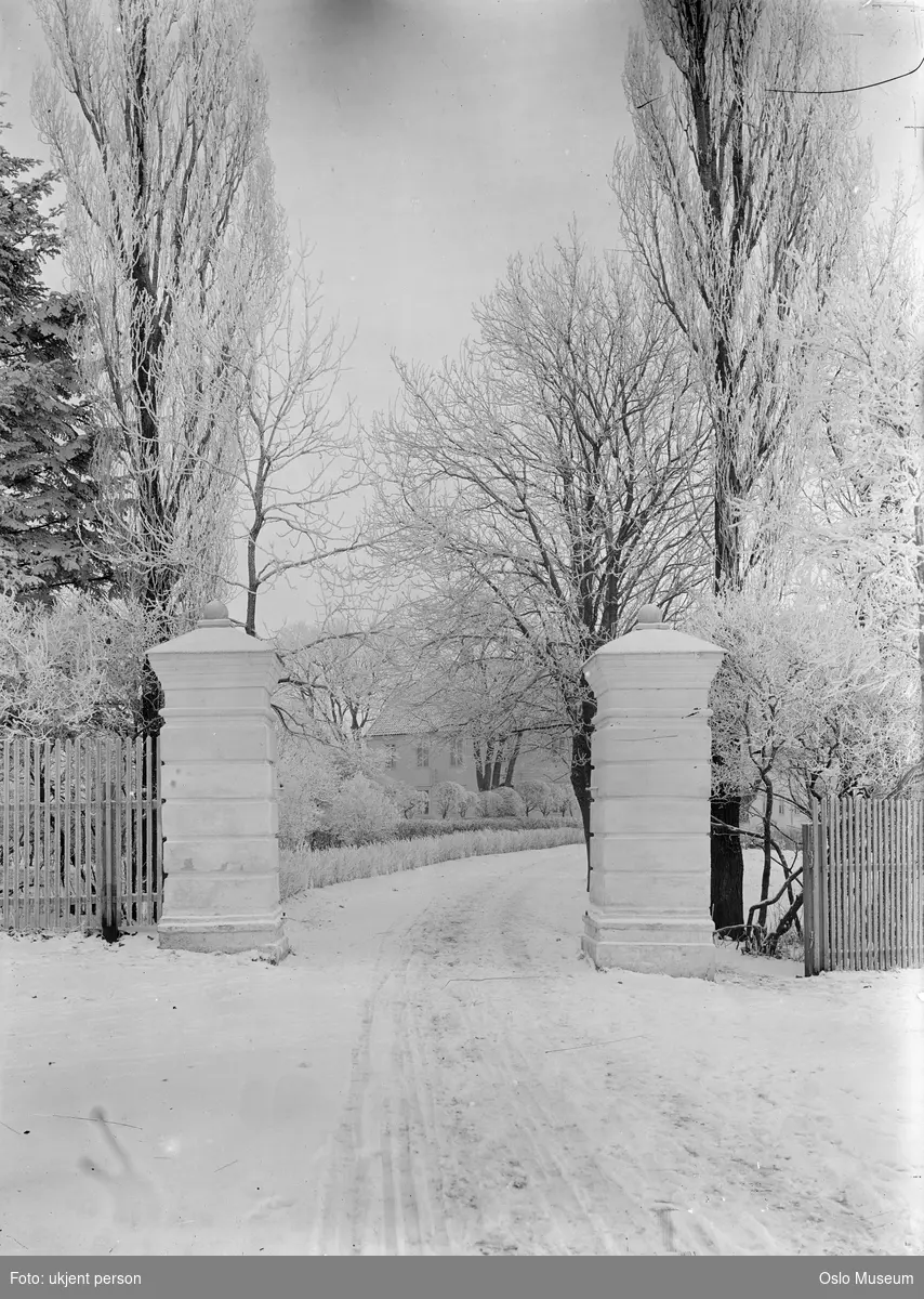 Vallø hovedgård, port, gjerde, hage, snø