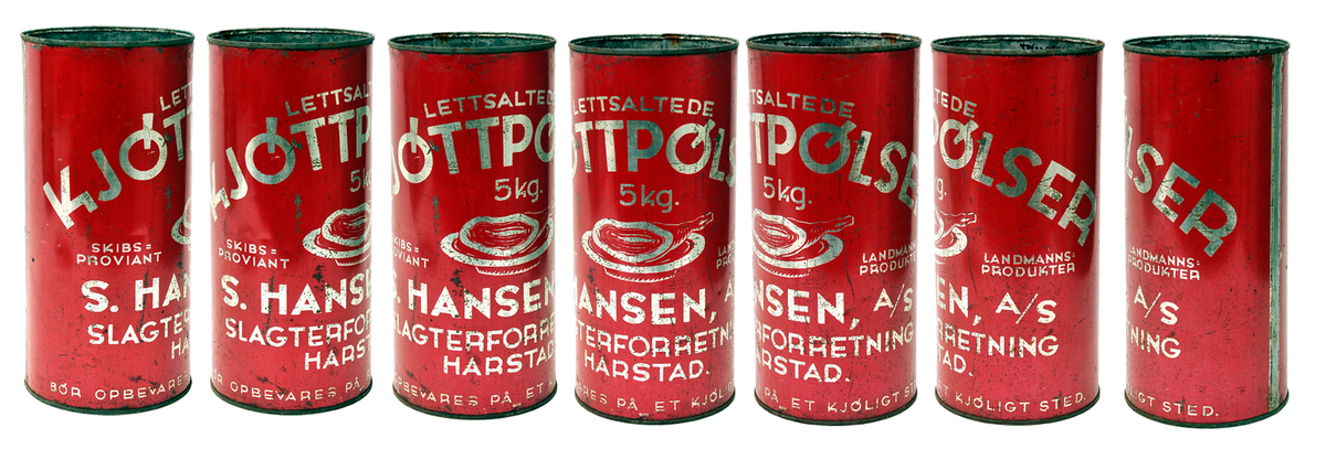 Hermetikkboks for kjøttpølser fra S. Hansen Slagterforettning i Harstad