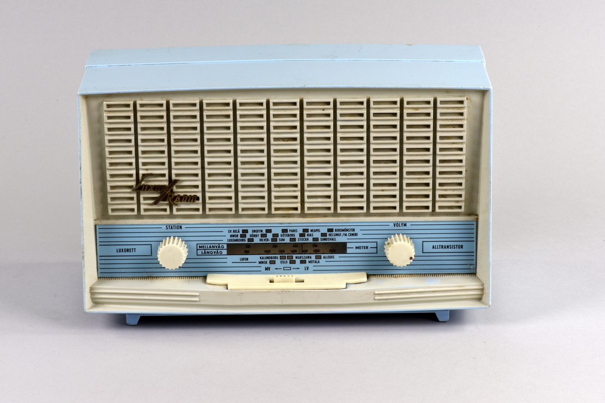 Transistorradio med hölje av ljusblå plast. 
Framsida har ett vitt plastgaller framför högtalaren och ett guldfärgat märke "LUXOR/RADIO". Därunder finns två rattar för inställning av våglängd och ljud.
Baksidan i ljusblått har ett galler på den övre delen. Även sidor och ovansidan är ljusblåa.