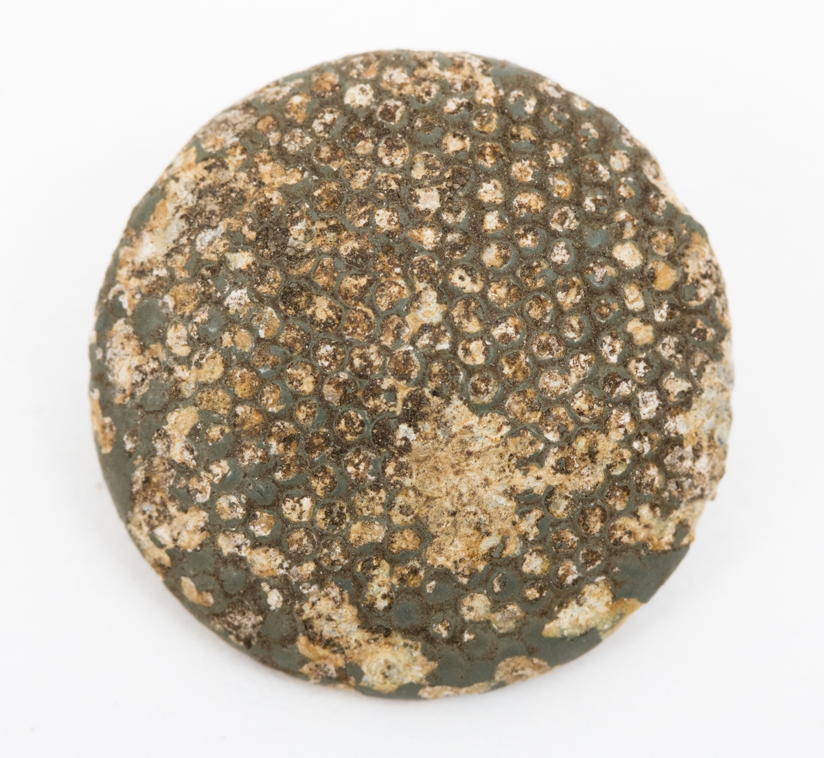 Uniformsknapp, en 20 mm bred metallknapp i militærgrønn/olivengrønn med enkel hempe bak. Rund og nokså flat form med ruglete malt overflate. Antagelig malt sink. 