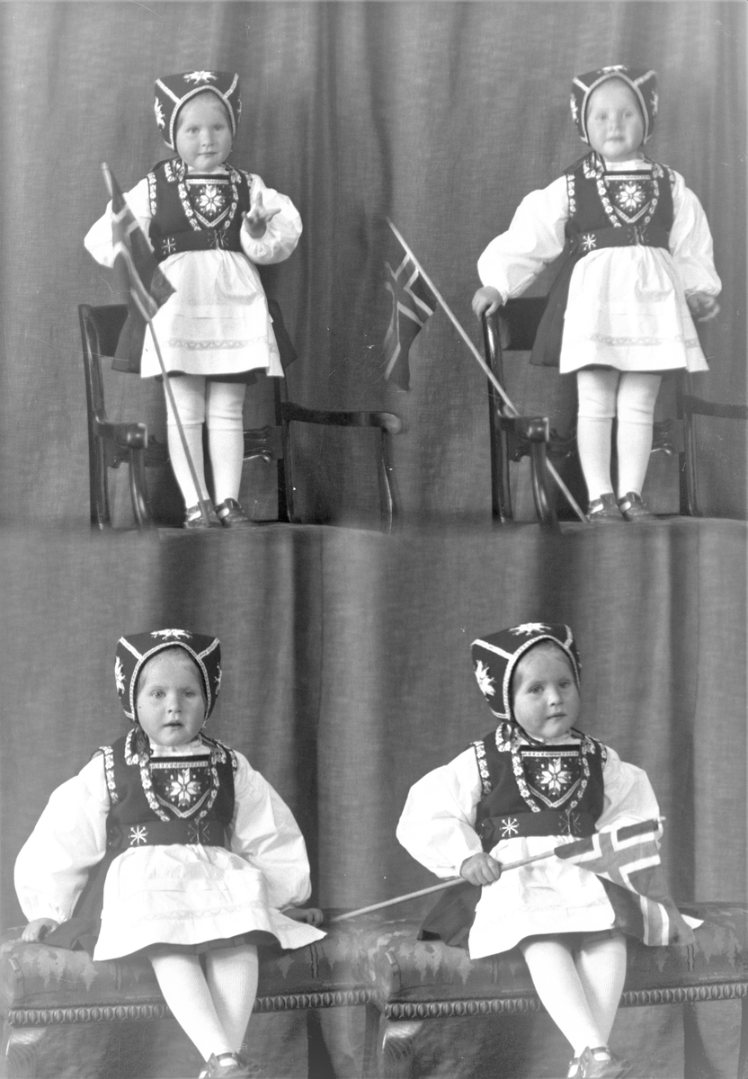 Portrett.  Ung pike i bunad med Norsk flagg. Bestilt av Fru Sakkestad Vik