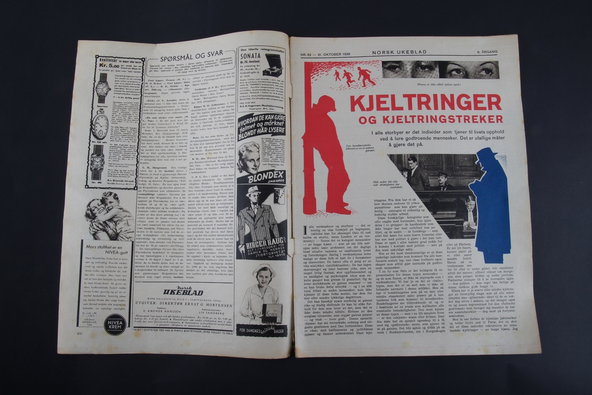 Magasin med rektangulær form som inneholder diverse artikler, tegneserie og reklame.