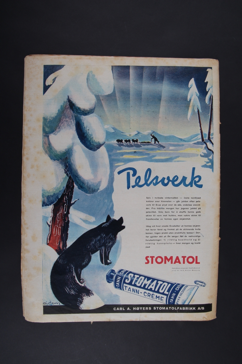 Magasin med rektangulær form som inneholder diverse artikler, tegneserie og reklame.