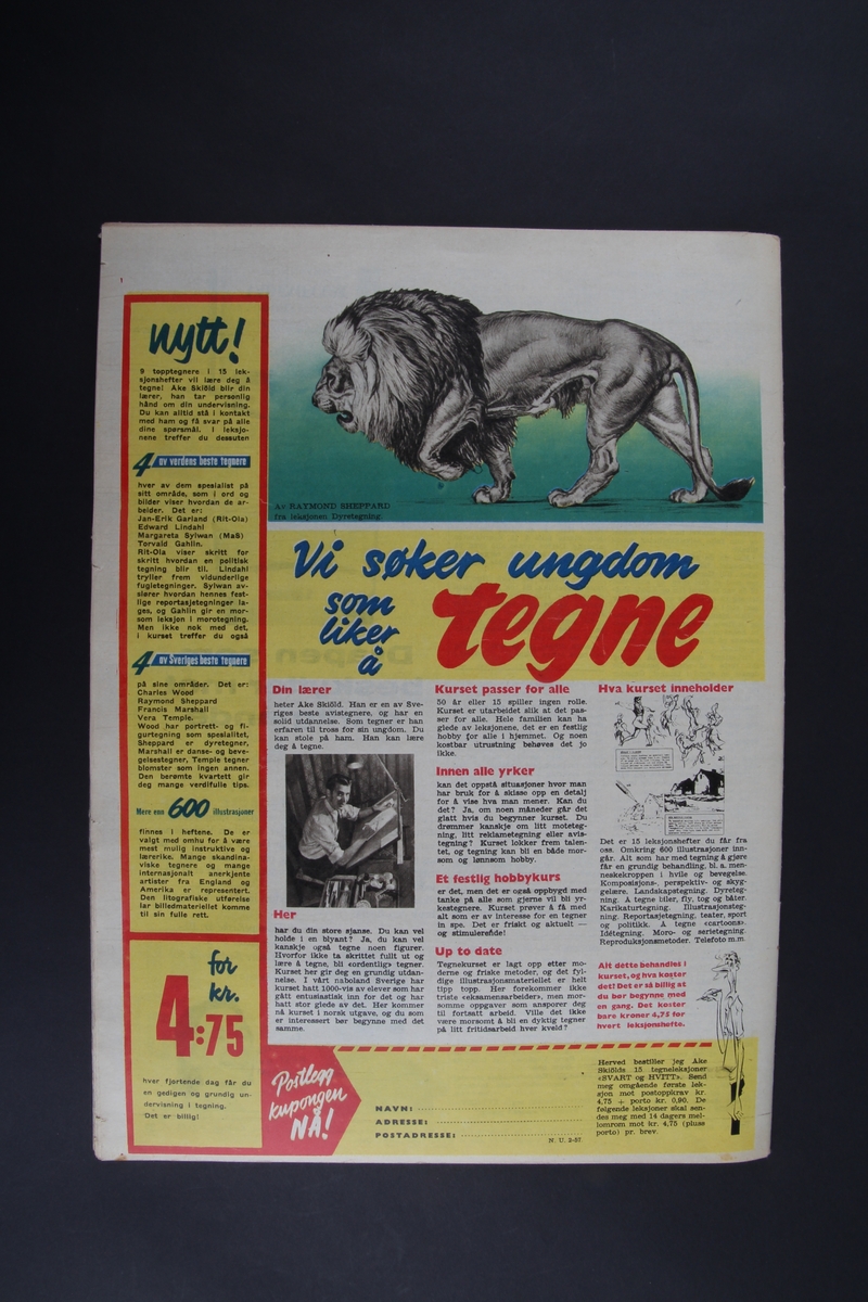 Magasin med rektangulær form som inneholder diverse artikler, tegneserie og reklame.