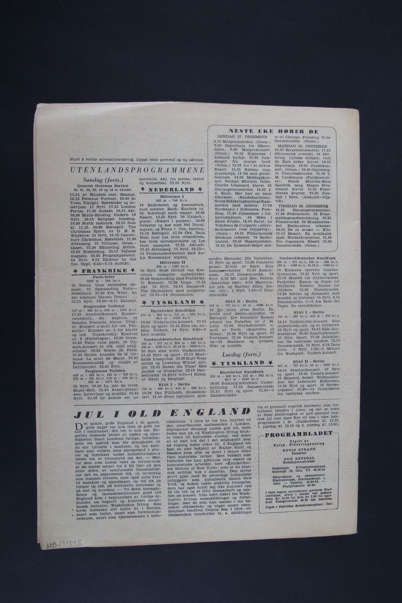 Magasin med rektangulær form som inneholder programoversikt for radiosendingene julen 1953