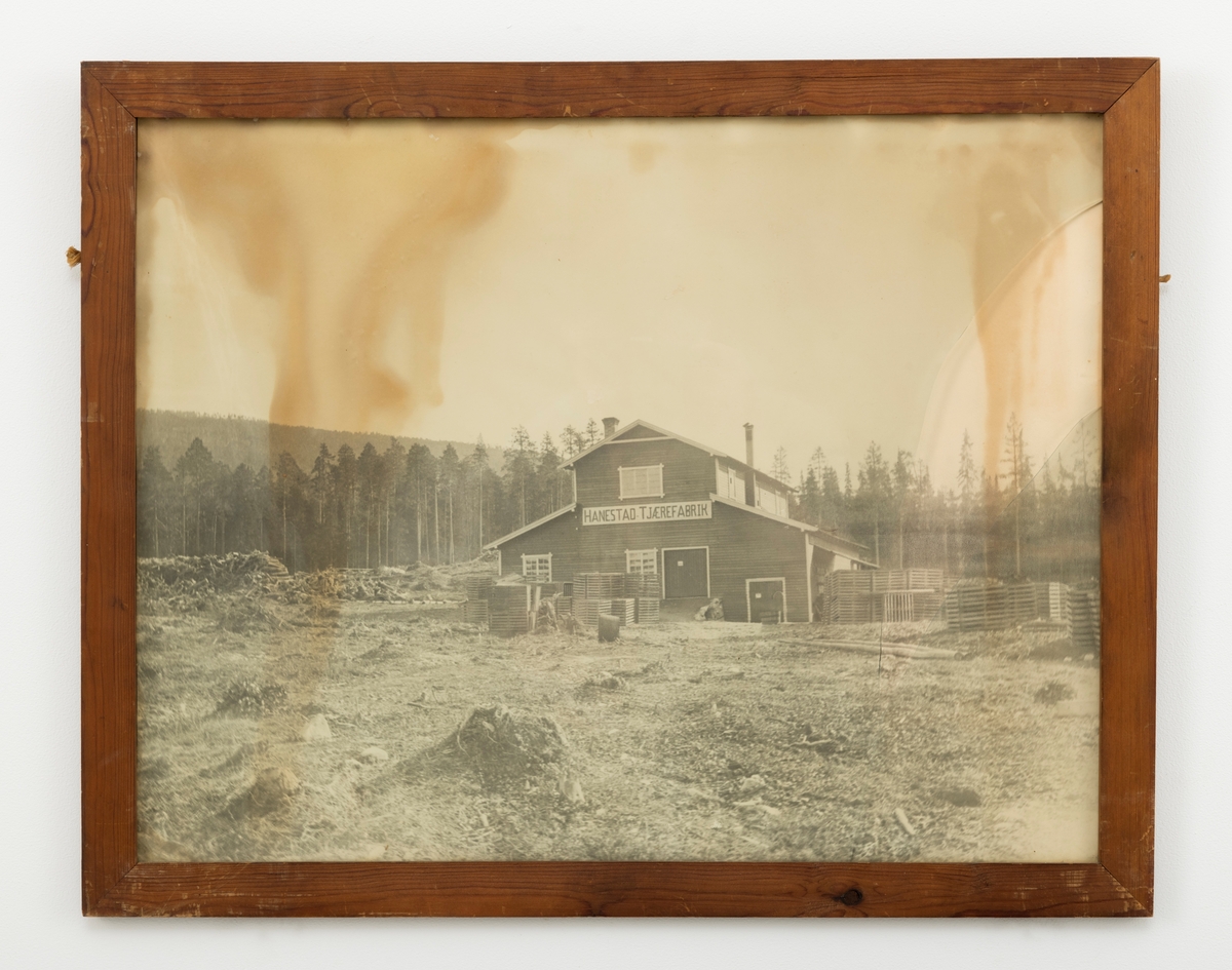 Svart-hvitt-fotografi av Hanestad tjærefabrikk i Øvre Rendalen. Denne virksomheten ble drevet av skogeieren Andreas Mohr Øvergaard på garden Østre Hanestad i Rendalen og kollegaen Otto Aakrann, som bodde på Gårder i Elverum i perioden 1911-1920. Produksjonsanlegget lå på førstnevntes eiendom. Det besto av en bygning som later til å ha vært reist i bordkledd bindingsverk. Midtpartiet hadde to etasjer og bølgeblikktekket saltak. Langs begge langveggene var det enetasjes utbygg med pulttak. Både midtfløyen og den ene sidefløyen hadde innkjøringsporter på den gavlveggen som vendte mot fotografen da dette bildet ble tatt. Sentralt på hovedfløyen var det et skilt med virksomhetens navn. I terrenget til venstre for fabrikken lå det digre hauger med tyrived, råstoff til produksjonen. Foran og på høyre side av bygningen sto det en del trekasser, som muligens også kan ha rommet slik ved. Hovedråstoffet i produksjonen var nemlig tyriholdige furustubber, som måtte brytes opp av bakken og lufttørkes før veden kunne kjøres til fabrikken, noe som antakelig ble gjort på sledeføre vinterstid. SJF.14704 viser samme bygning fra en annen synsvinkel.