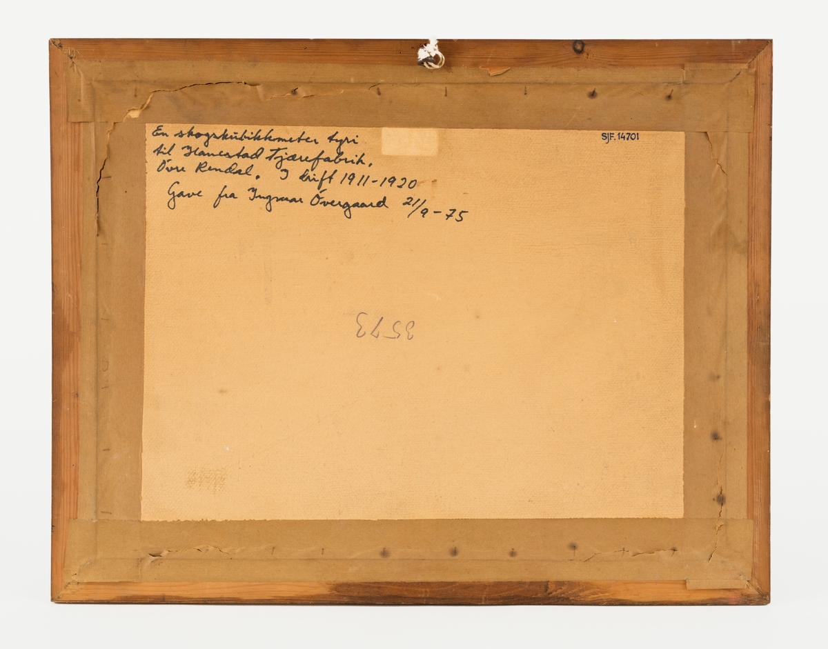 Svart-hvitt-fotografi fra skogsterreng der det var opplagt en haug med tyrirøtter på en lysning i barskog der furu var det dominerende treslaget. Ut fra aksesjonssammenhengen er det nærliggende å anta at bildet er tatt et eller annet sted på skogeiendommen som hørte til garden Østre Hanestad i Rendalen, der skogeieren Andreas Mohr Øvergaard og kollegaen Otto Aakrann fra Elverum drev tjærefabrikk i perioden 1911-1920. Hovedråstoffet i produksjonen var tyriholdige furustubber, som måtte brytes opp av bakken og lufttørkes før veden kunne kjøres til fabrikken, noe som antakelig ble gjort på sledeføre vinterstid. Her er det reist en staur ved sida av tjærehaugen, som hadde et volum på en «skogskubikkmeter». Hvilken funksjon stauren hadde, vet vi foreløpig ikke.

Det går an å destillere tjærestoffer fra mange slags ved, men skal en få større mengder tjære, må en ha feit furuved, helst rein tyri fra stubber på gamle hogstfelt. I kjerneveden på slike stubber kan det være 15 til 30 prosent harpiks, i ytetveden i beste fall 5 prosent. Noen år etter hogsten vil imidlertid yteveden råtne. Dermed blir det noe enklere å få opp stubbene, og det blir enklere å skave bort den yteveden som har lite tjærestoffer før destillasjonsprosessen starter. Innhentinga av tyri til denne prosessen var en tung og arbeidskrevende prosess. Minst vanskeligheter voldte de minste stubbene. Her kunne karene hakke løs jorda rundt stubben og angripe den ved å sette et spett under ei av de kraftigste rotgreinene. Når de da la vekta si på spettet, endte det som regel med at stubben løsnet og kunne trekkes opp. Men på den tida da dette fotografiet ble tatt var det fortrinnsvis de største furutrærne som ble felt, og store stubber var atskillig vanskeligere å få løs. Her måtte det stubbebryter, jekk (jfr. SJF.14702) eller dynamitt til. To karer med handredskap kunne bryte to-tre slike hauger som den vi ser på dette fotografiet på en dag. Med sprengstoff kunne dagsprestasjonene fordobles, men dynamitten var kostbar og langt fra ufarlig. Med stubbebryter eller jekk lå gjerne dagsprestasjonene på fire-fem kubikkmeter.