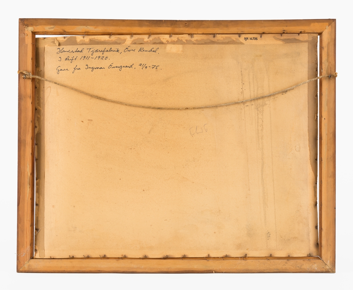 Svart-hvitt-fotografi av Hanestad tjærefabrikk i Øvre Rendalen. Denne virksomheten ble drevet av skogeieren Andreas Mohr Øvergaard på garden Østre Hanestad i Rendalen og kollegaen Otto Aakrann, som bodde på Gårder i Elverum i perioden 1911-1920. Produksjonsanlegget lå på førstnevntes eiendom. Det besto av en bygning som later til å ha vært reist i bordkledd bindingsverk. Midtpartiet hadde to etasjer og bølgeblikktekket saltak. I dette taket var det tre murte piper - antakelig fra tjæreovnene (på baksida i forhold til hvor dette bildet er tatt). Langs begge langveggene var det enetasjes utbygg med pulttak. Fra det utbygget som lå nærmest fotografen da dette bildet ble tatt gikk det en luftekanal oppover langs veggen mot den toetasjes midtfløyen. Sannsynligvis var det i utbygget på denne sida motorene som drev maskinene i fabrikken sto. Til andre etasje i midtfløyen gikk det ei kjørebru av tre. Antakelig var det der råstoffet til produksjonen ble hentet inn.  Det lå en del stein framfor bygningen. Dette var muligens stein som var ryddet til side i forbindelse med bygginga av fabrikken.