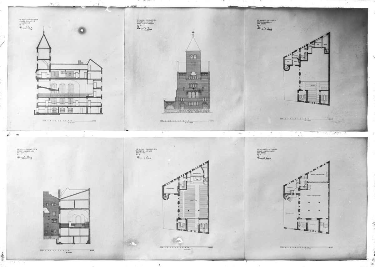 Arkitekttegninger av Pipervikskirken.