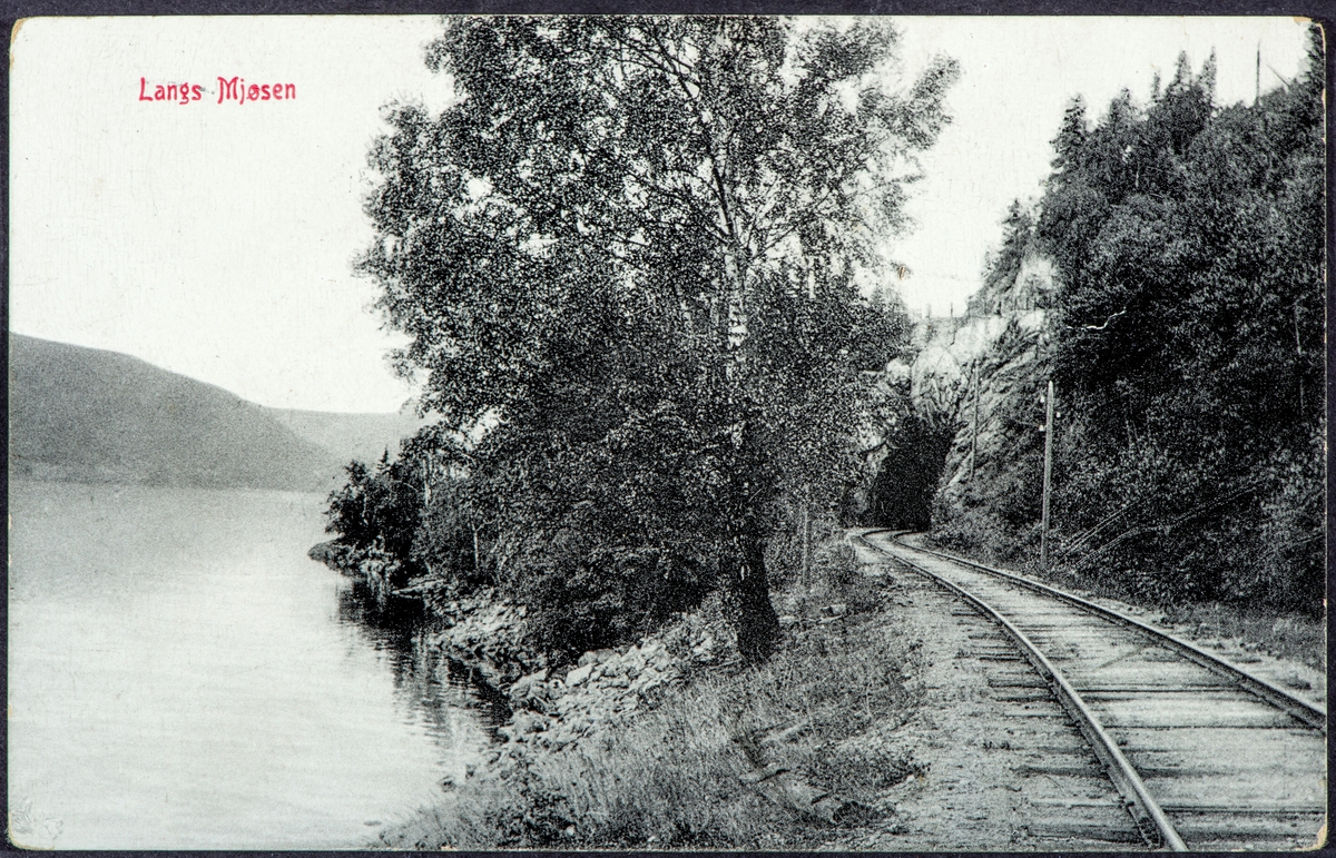 Postkort, Langs Mjøsa, jernbanespor. 1919.