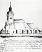 Växjö domkyrka från söder, efter teckning av N.J. Löfgren i juni 1821. 
Bakom kyrkan skymtar man Karolinerhuset, dåv. Växjö gymnasium.